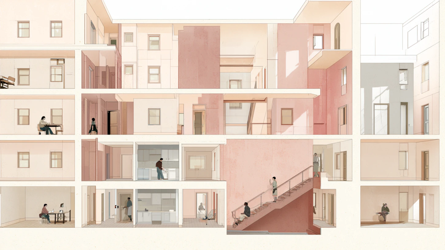 A cross-section architectural illustration of a communal recovery residence with interconnected rooms, stairways, kitchens, and shared living spaces where individuals quietly participate in daily routines across multiple floors, emphasizing mutual influence, accountability, and collective growth.