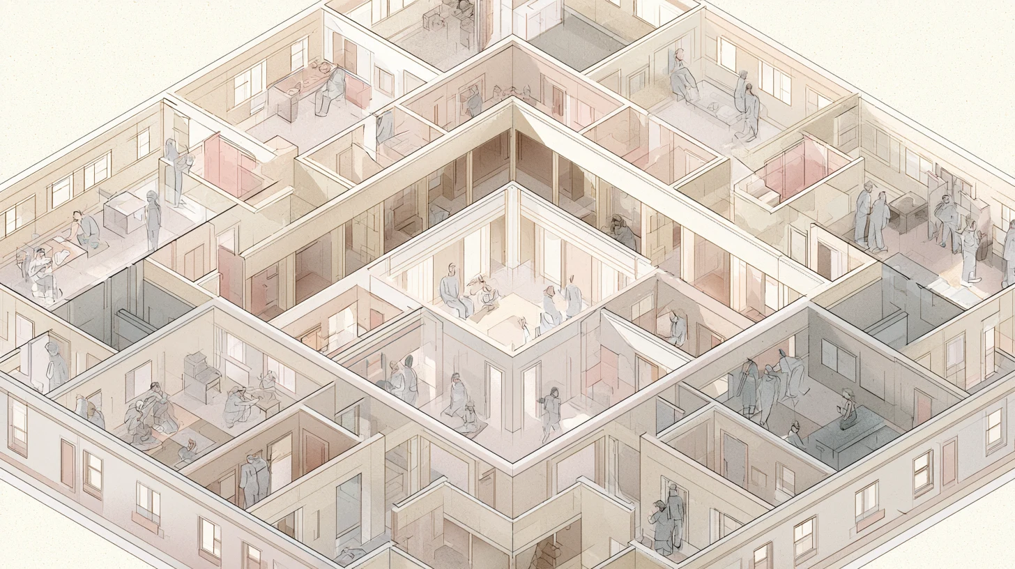 A cutaway view of a multi-room recovery house with small figures sitting, moving, and gathering around a softly lit central courtyard.