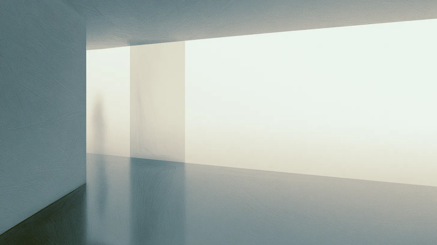 Blurred solitary figure within a minimalist architectural interior with translucent partitions and subtle structural misalignment.