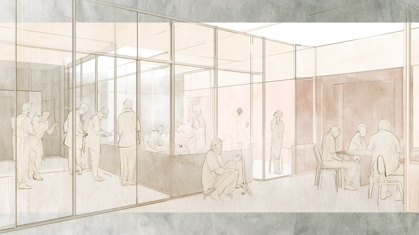 A layered communal interior with pale partitions, softened figures, and an unfinished wall area where people pause and work under diffuse daylight.