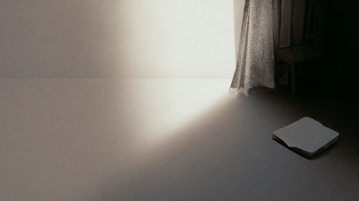 A quiet room with partially opened curtains, softened reflected light, and an open notebook, symbolizing awareness emerging through openness to correction and reflection.