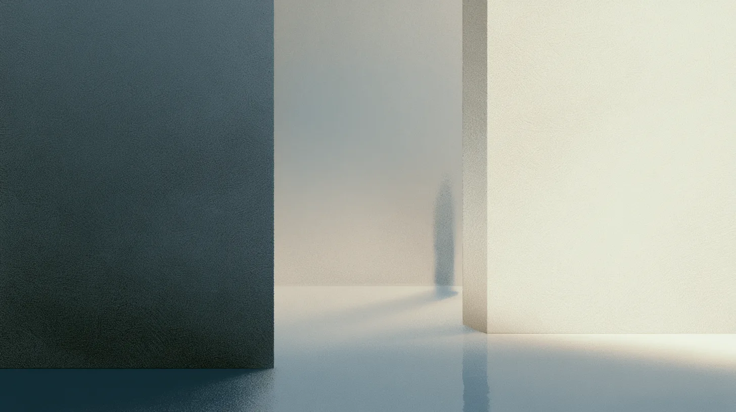 A partially obscured solitary figure standing within layered architectural spaces filled with soft directional light and restrained spatial depth.