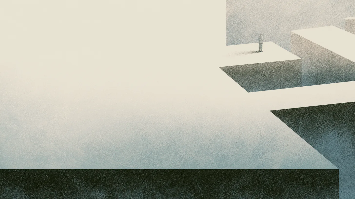 A solitary figure standing within interrupted architectural platforms that subtly redirect the spatial structure of a restrained recovery-oriented environment.