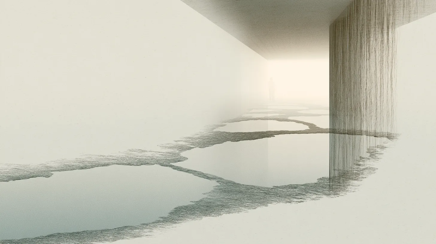 A distant figure facing a pathway interrupted by repeated reflective pauses within a restrained architectural environment.
