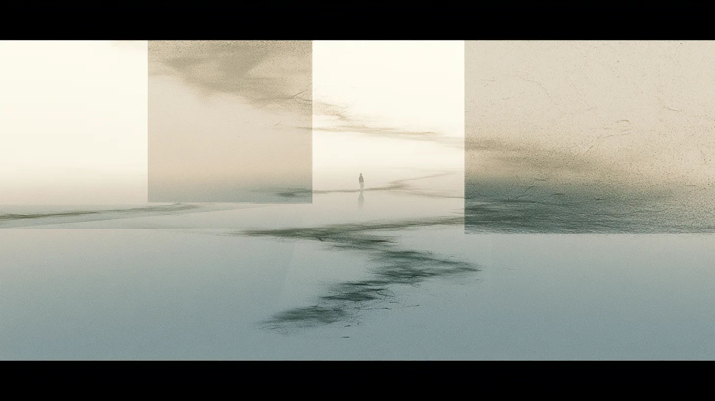 A distant figure facing a winding path shaped by repeated movement across a quiet reflective landscape.
