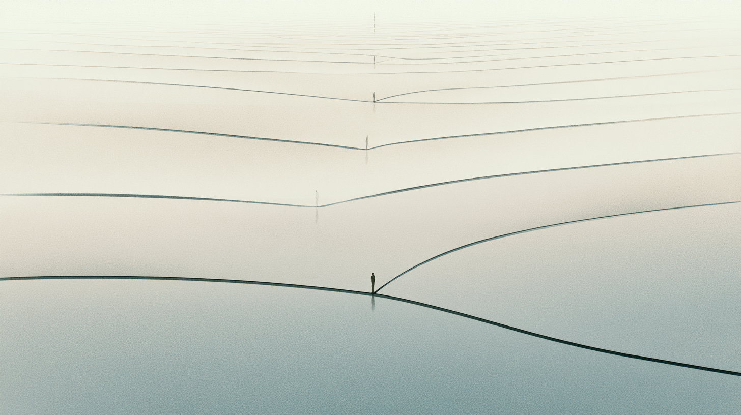 A solitary figure stands where branching reflective paths diverge across a quiet open landscape.
