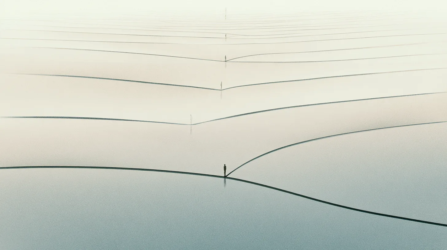 A solitary figure stands where branching reflective paths diverge across a quiet open landscape.