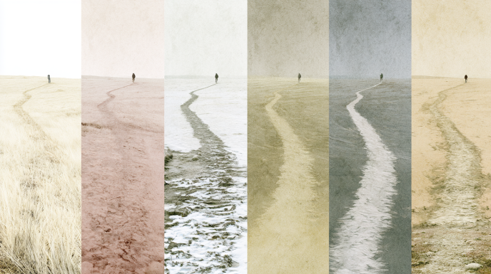 A muted philosophical landscape showing countless intersecting footpaths gradually worn into pale terrain through repeated movement over time. The pathways weave softly through faded grasslands, dust, and weathered earth, forming an intricate network of accumulated direction rather than a designed structure. Tiny distant human figures move quietly across the landscape, emphasizing repetition, participation, and the gradual shaping of consequence through many small decisions. Soft atmospheric haze, washed cream, pale rose, faded earth, desaturated olive, and warm gray palette. Restrained editorial realism, matte textures, subtle grain, contemplative atmosphere, emotionally grounded minimalism.