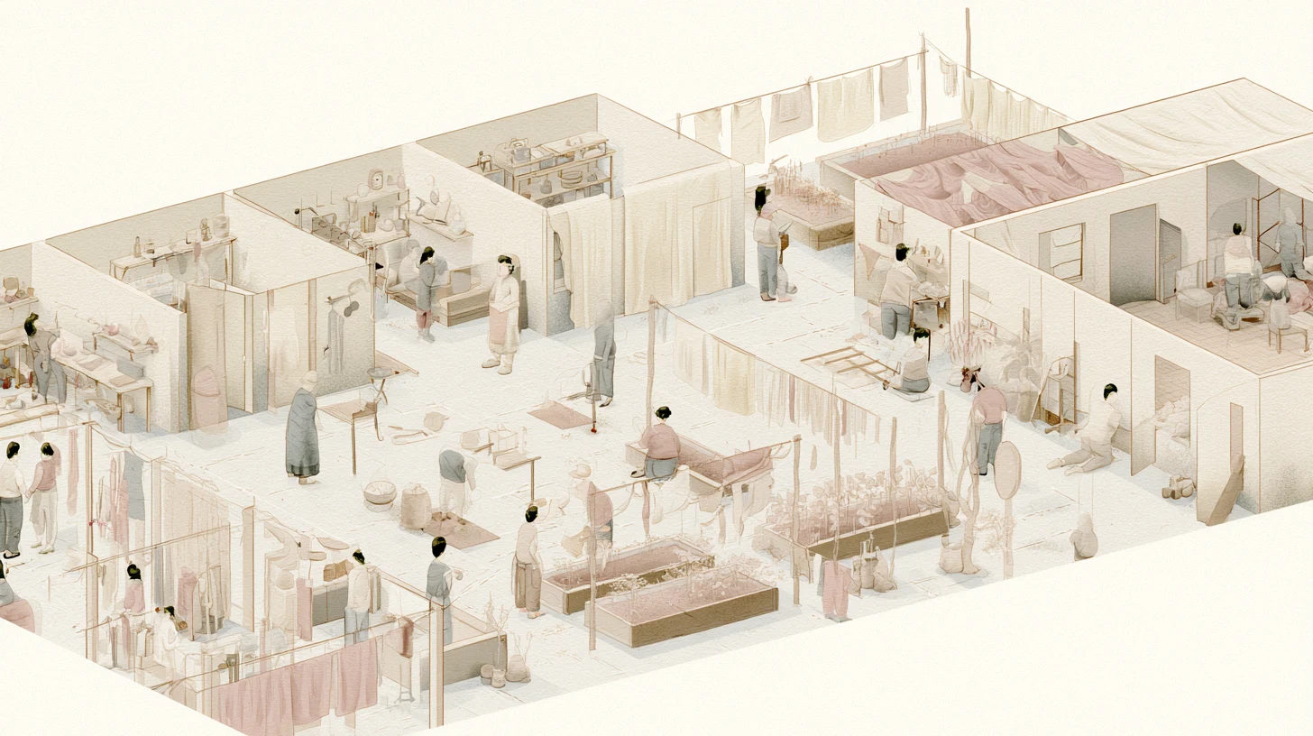 A wide muted communal courtyard with open workrooms, laundry lines, garden beds, and small figures tending ordinary tasks in soft daylight.