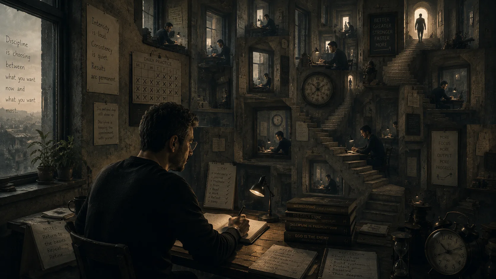 A philosophical surreal portrait of a man writing quietly within an endlessly recursive study filled with repeating staircases, clocks, notebooks, and layered routines symbolizing the tension between consistency and compulsive intensity.