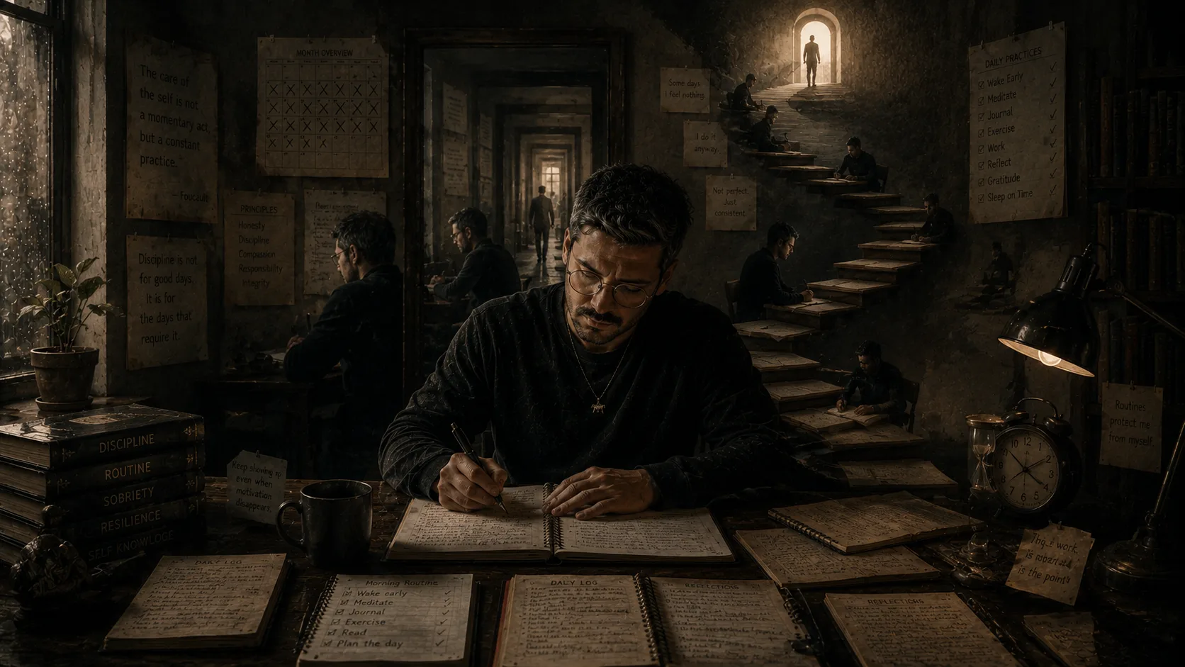 A reflective surreal portrait of a man writing within a dim study where recursive corridors, repeated versions of himself, marked calendars, and layered routines symbolize identity being shaped through constant disciplined practice.