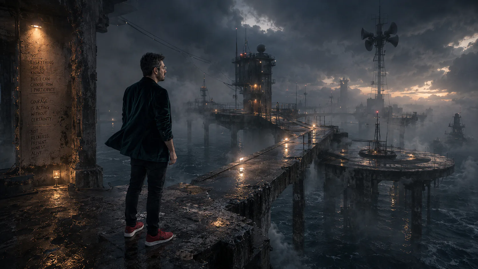 A solitary man stands on a weathered concrete platform suspended above dark water within a vast fog-covered tidal observatory, surrounded by storm systems, distant industrial towers, and disappearing illuminated pathways that fade into atmospheric uncertainty.