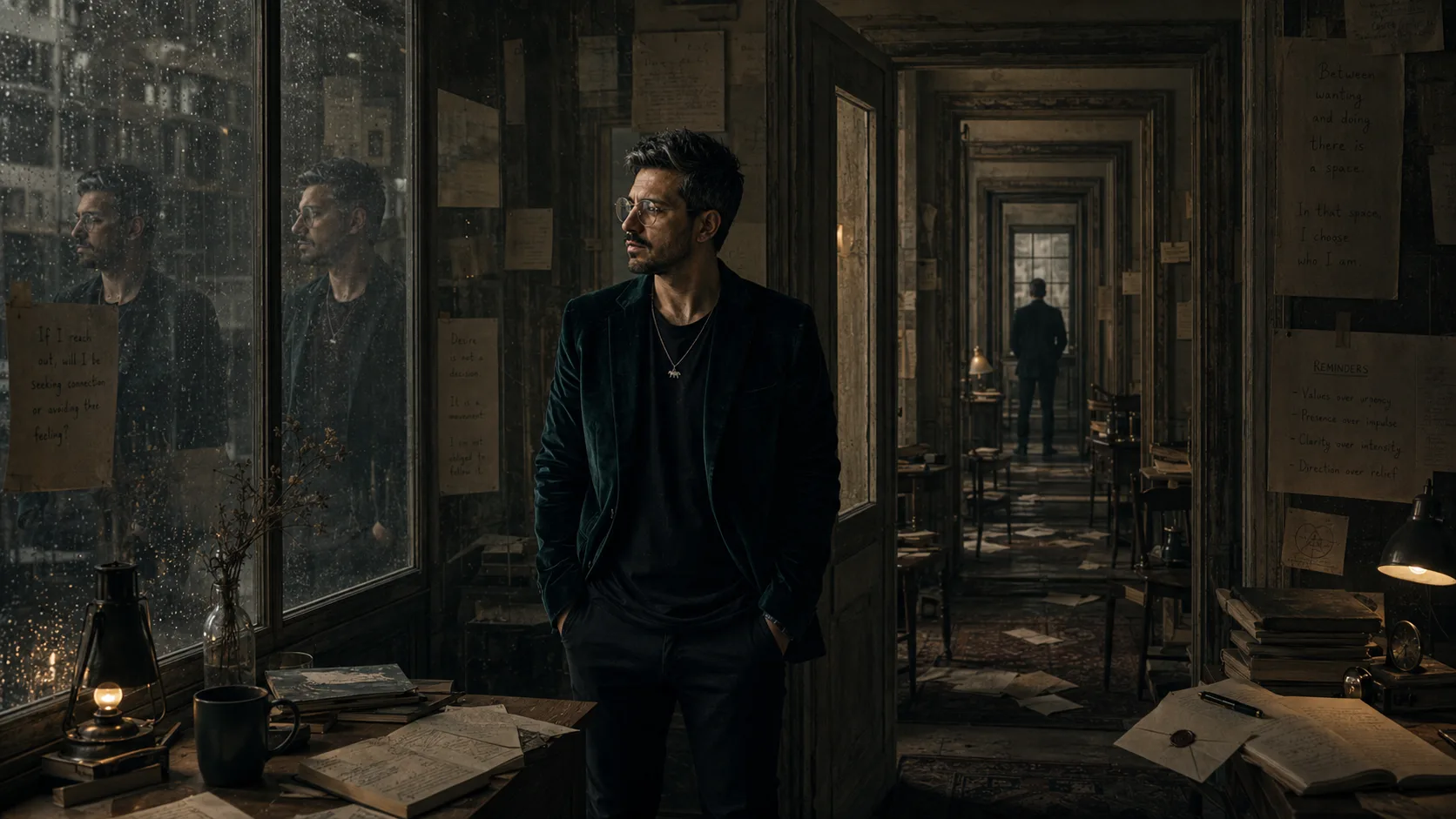 A man stands in a dim threshold interior beside rain-streaked windows, recursive doorways, handwritten notes, and faint reflections of himself.