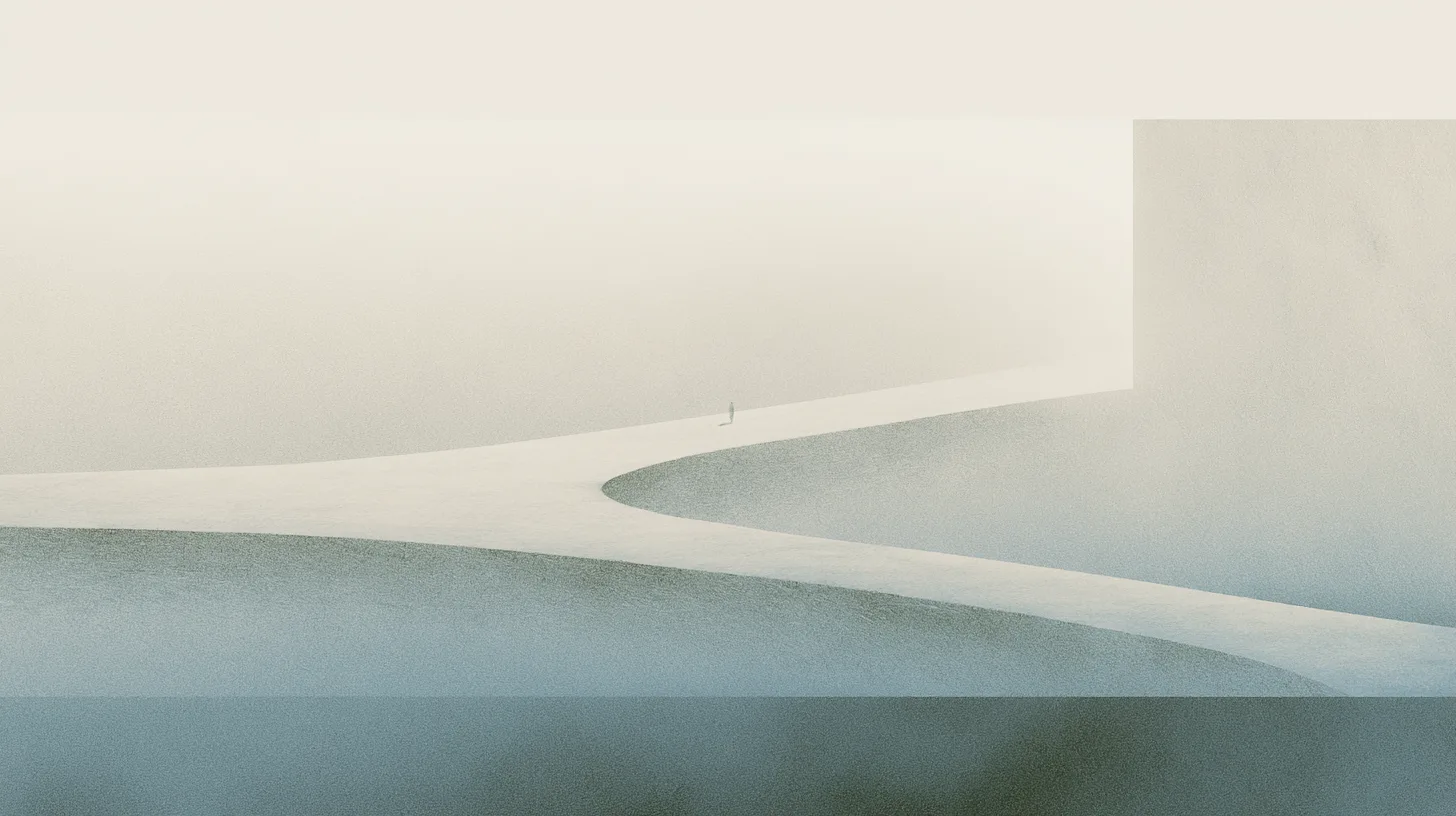 A solitary figure approaching subtly diverging suspended pathways within a restrained architectural landscape.
