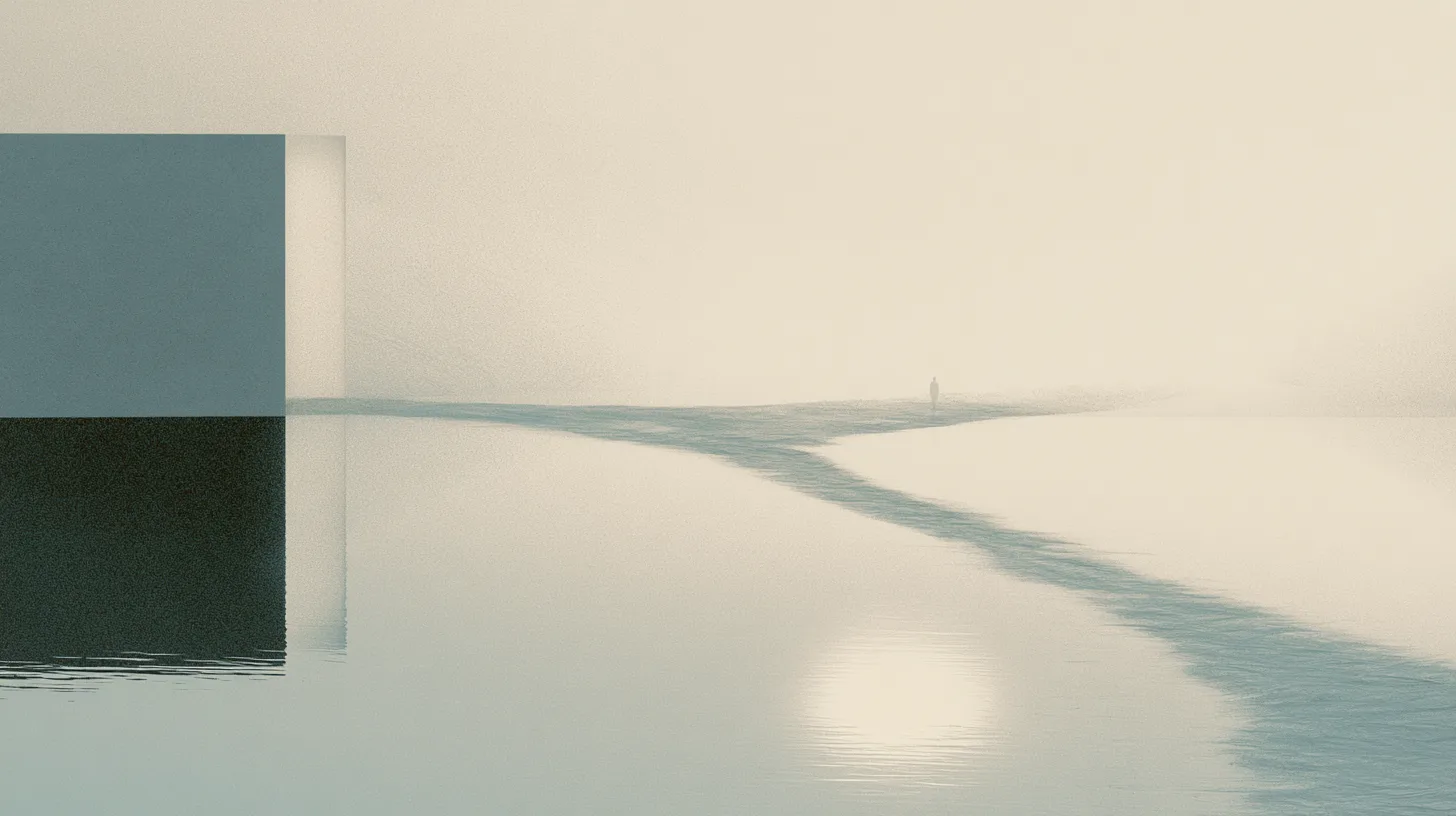 A solitary figure near pathways that gradually shift direction within a quiet reflective recovery landscape.