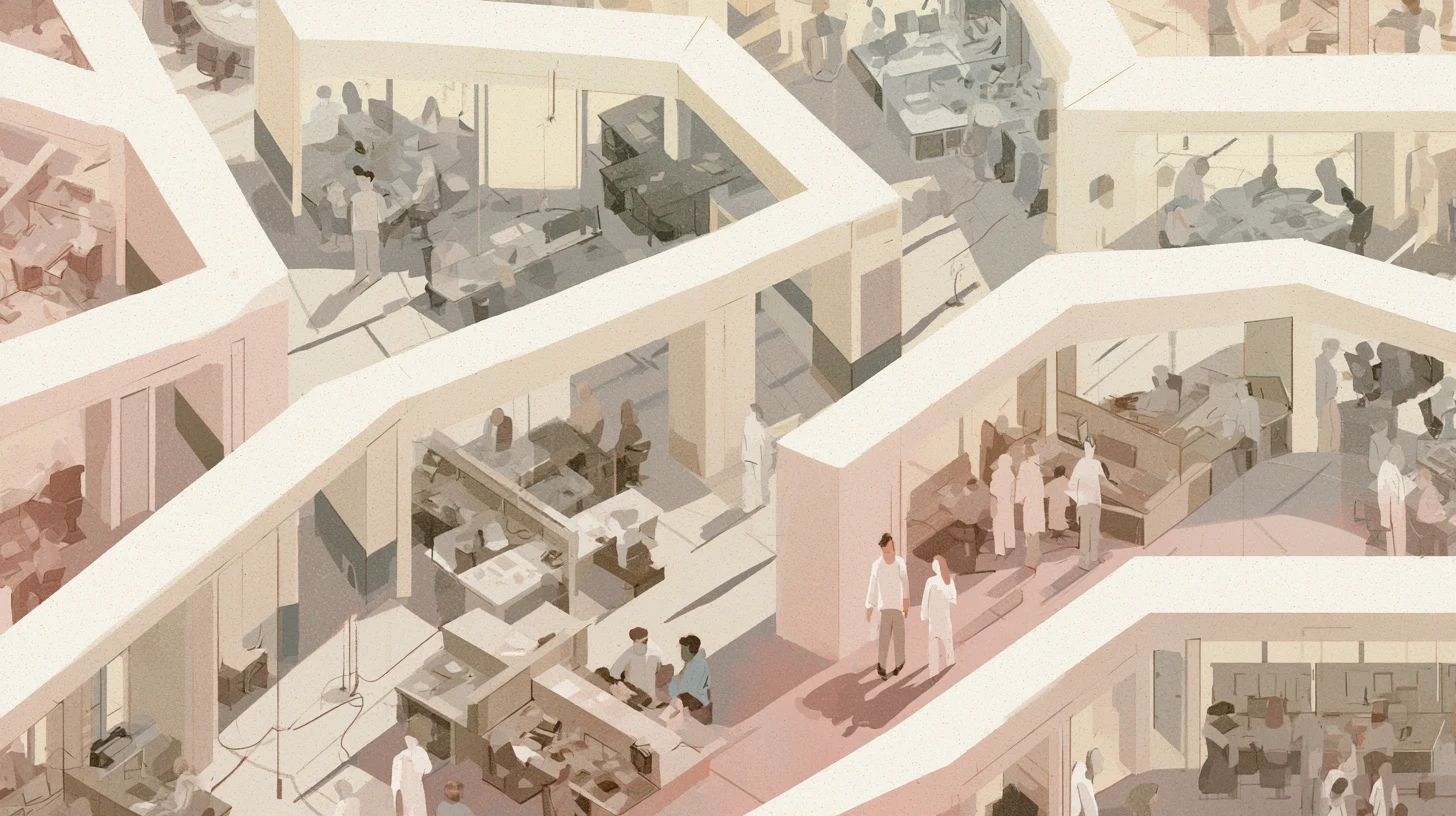 A wide communal workspace with pale angled walls, repeated work areas, and small figures moving or pausing in softly lit rooms.