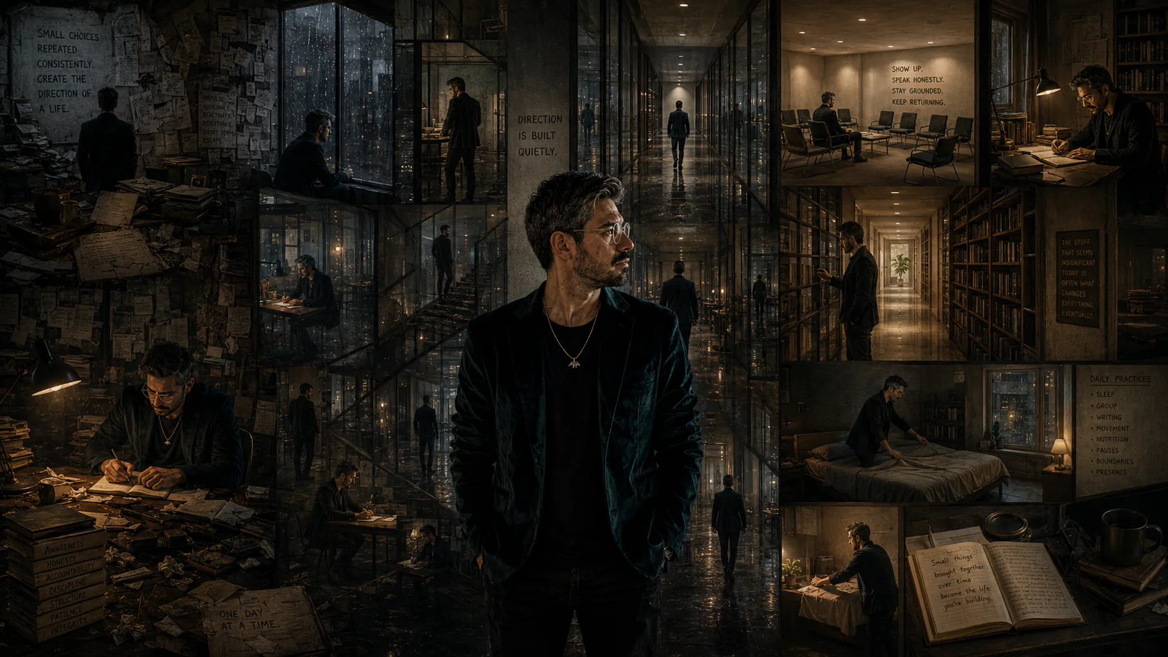 A restrained philosophical portrait of a man standing within a vast recursive architectural environment of reflective hallways, dim workspaces, rain-covered windows, and layered mirrored spaces, where repeated versions of himself quietly engage in small disciplined routines that gradually transform the surrounding architecture from fragmentation toward stability.