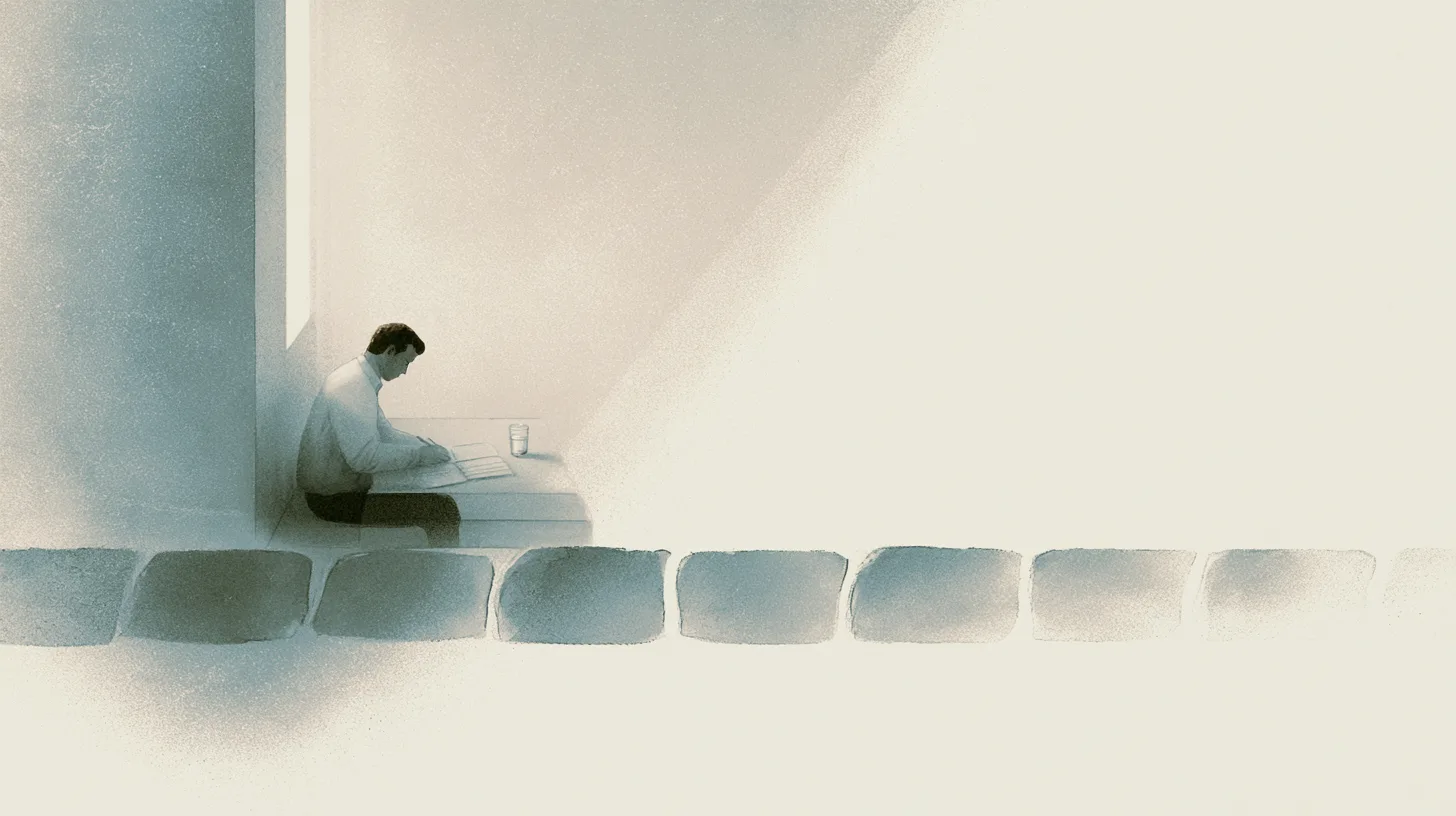 A solitary figure seated at a table in a restrained architectural interior, quietly focused on daily work within a calm recovery-oriented atmosphere.