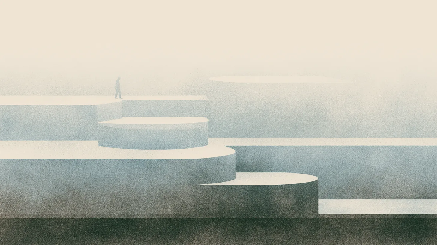 A solitary figure integrated within layered architectural forms that repeat across a calm recovery-oriented environment filled with soft natural light.