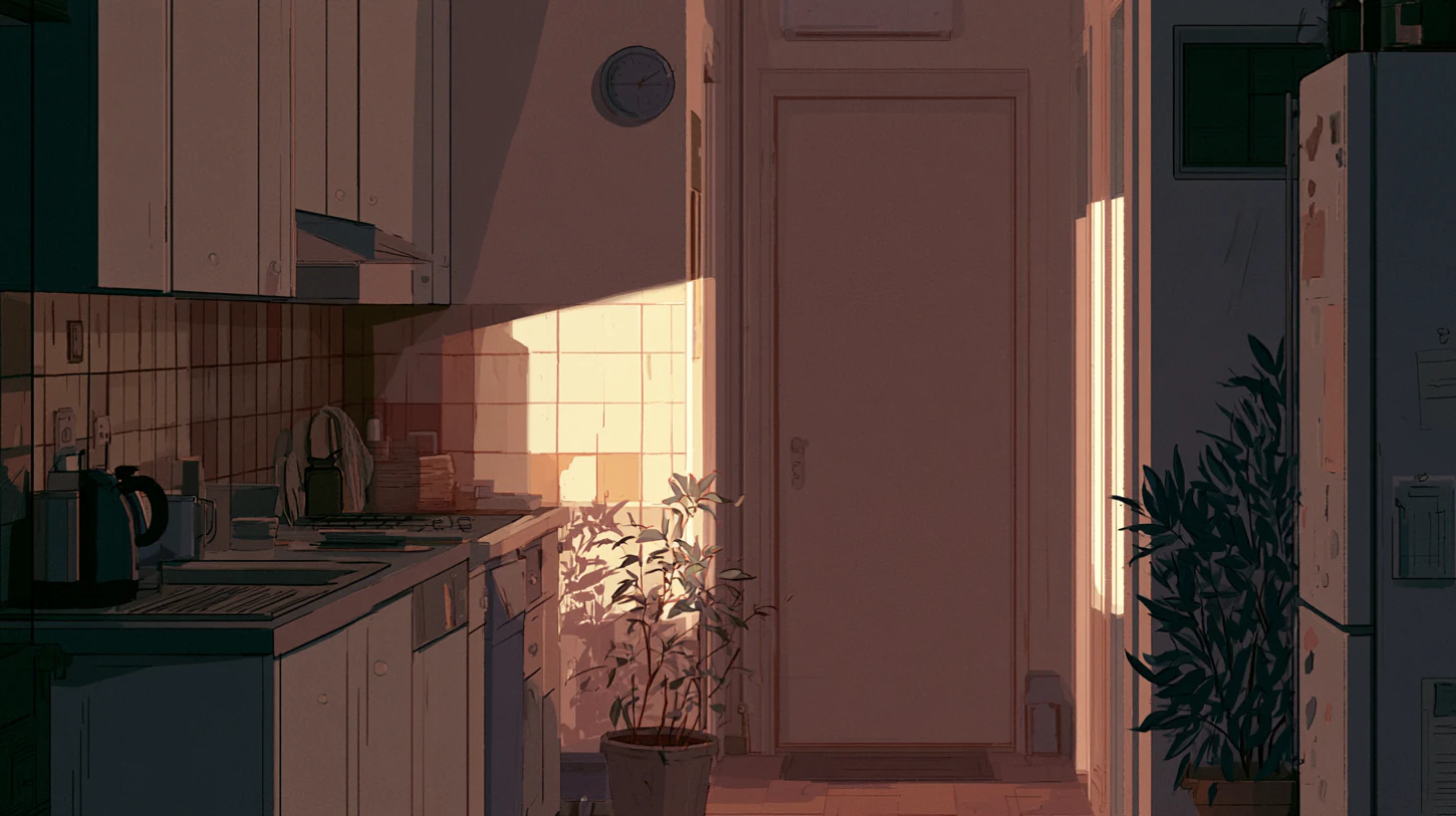 Quiet apartment kitchen and hallway partially illuminated by narrow bands of morning light, creating a restrained atmosphere of focus, grounding, and inward orientation.