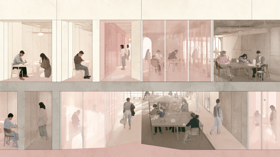 Interconnected communal interiors filled with people quietly writing, organizing, studying, and moving between softly lit shared spaces, creating a sense of gradual momentum through calm aligned participation.