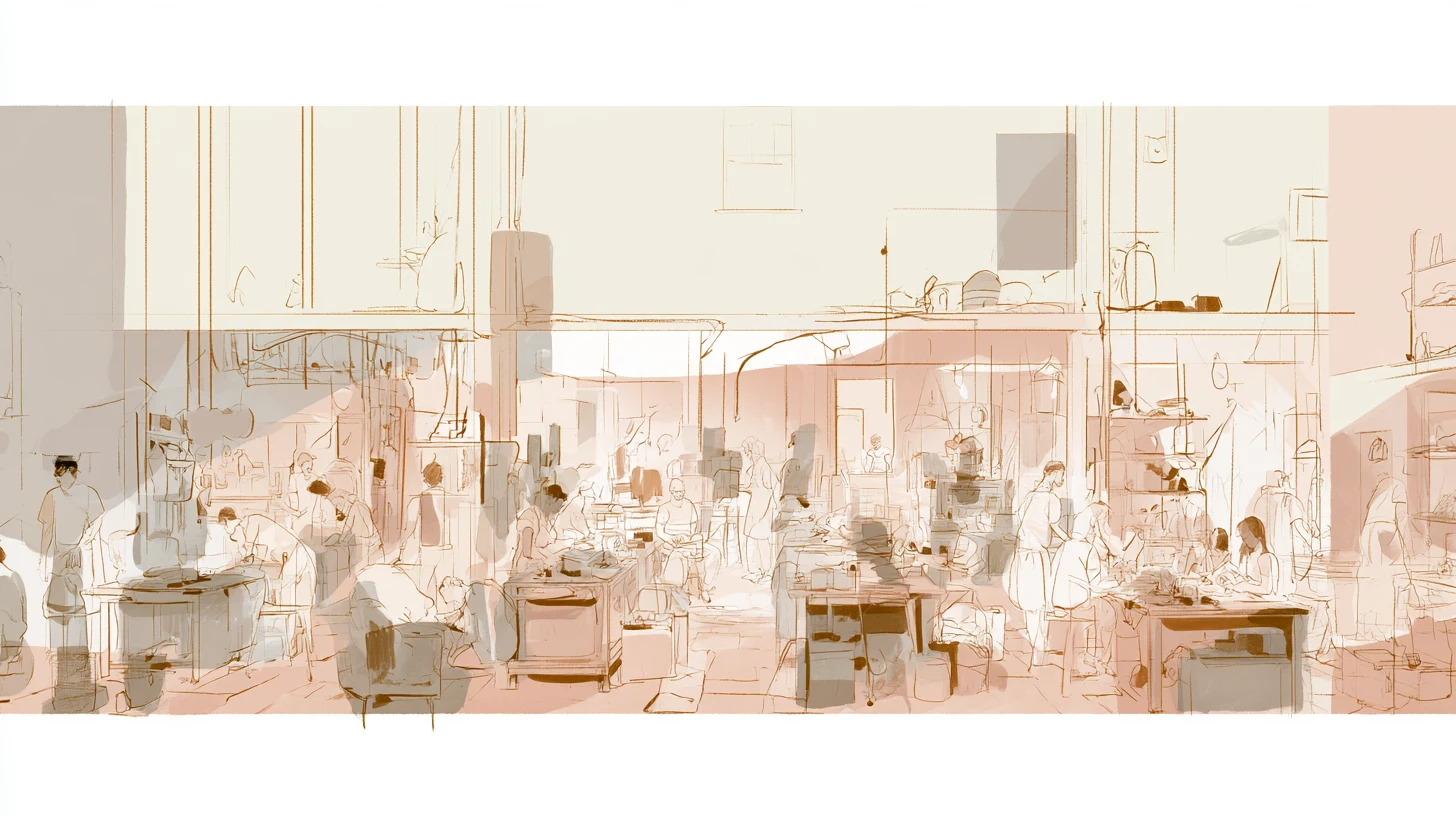 A wide, softly sketched communal workshop with many figures working at tables amid shelves, tools, layered rooms, and warm diffused daylight.