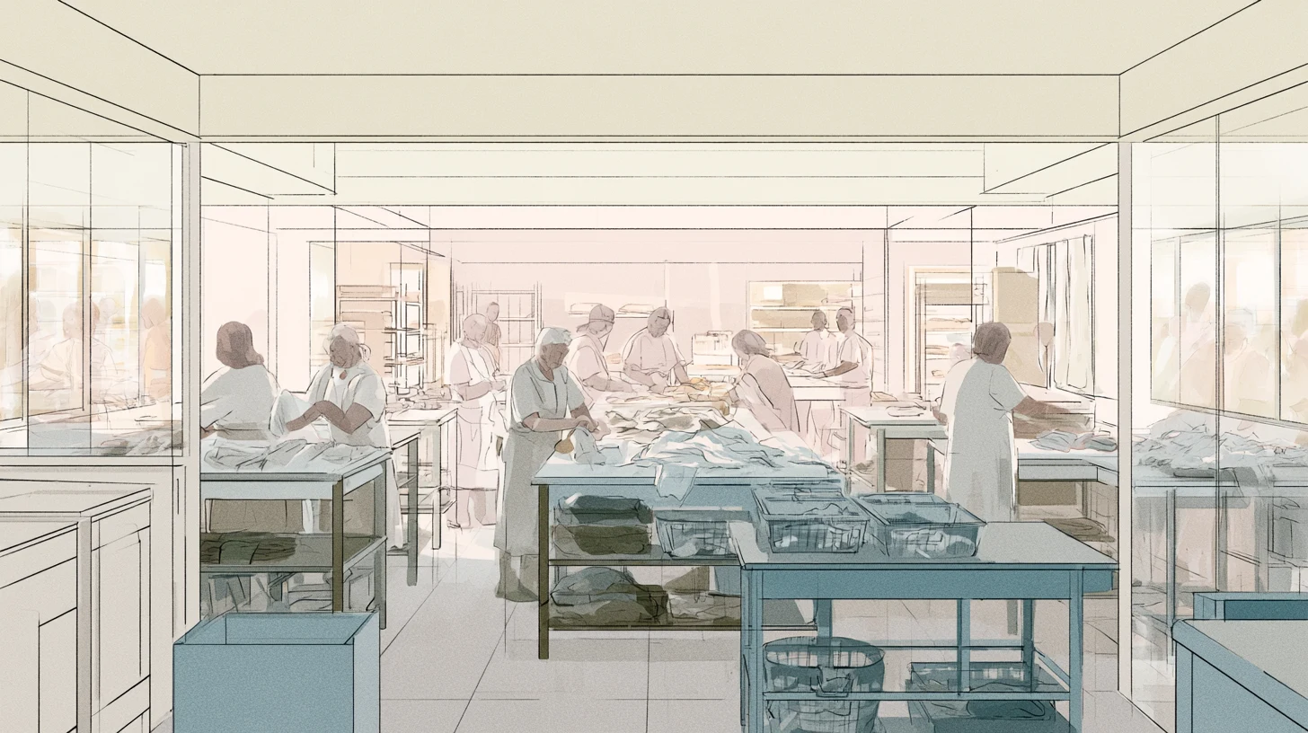 A softly lit communal laundry room with several figures folding and sorting linens across tables, framed by shelves, windows, and translucent partitions.