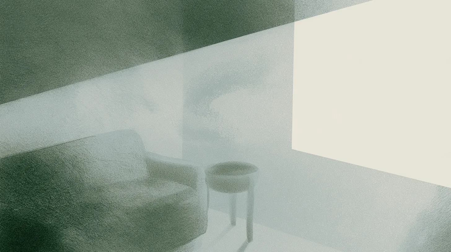 A calm grounded interior containing subtle traces of earlier difficulty embedded gently into the environment, symbolizing honest memory, orientation, and awareness of past consequences without becoming trapped in them.