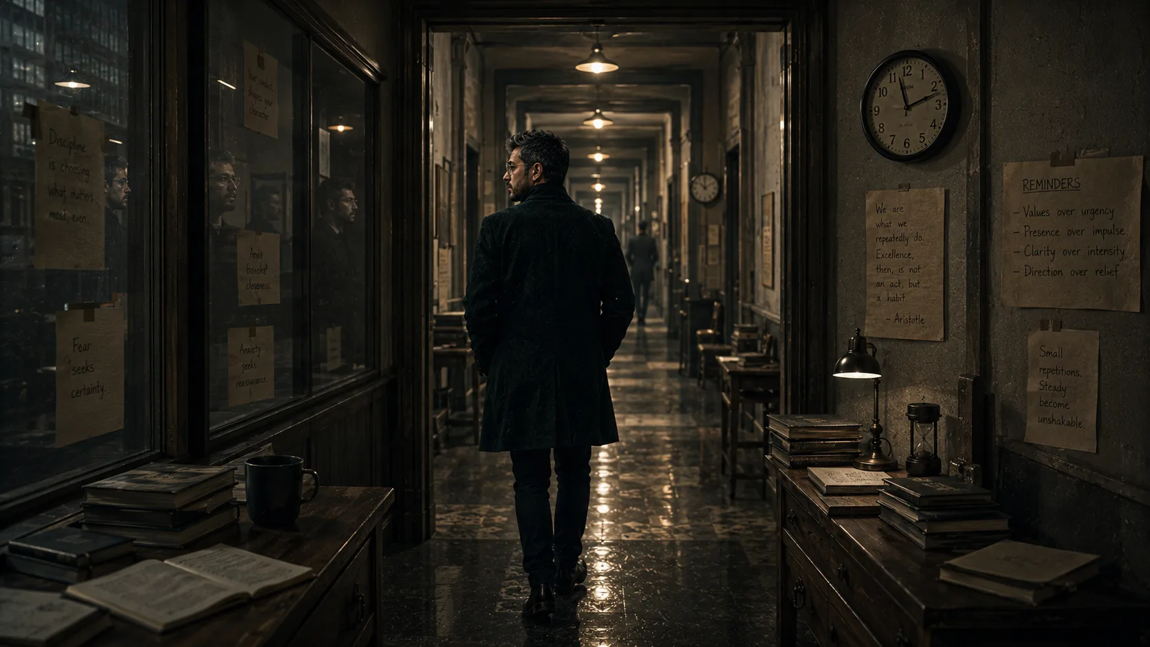 A man walks through a dim recursive corridor lined with repeated doorways, clocks, handwritten reminders, notebooks, and faint reflections.