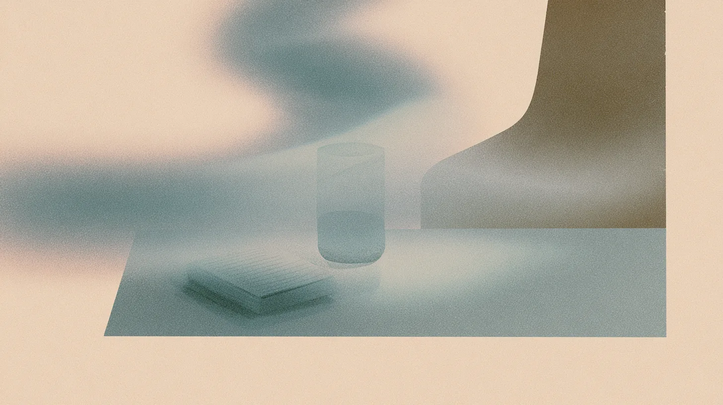 A calm interior with stable ordinary objects while soft emotional movement passes gently through the space, symbolizing awareness of feelings without automatically reacting to or believing them.