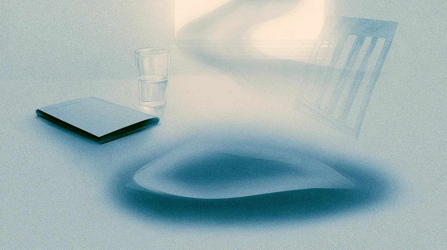A calm ordinary interior where subtle emotional atmospheric distortions move through the space while grounded objects remain stable and visible, symbolizing emotional awareness without mistaking feelings for reality.