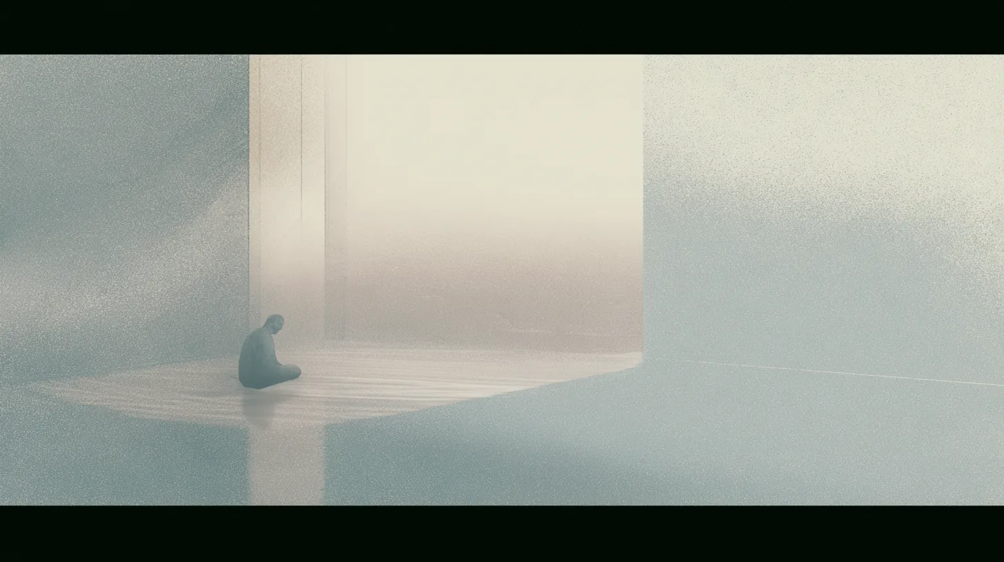 A solitary seated figure within a softly lit architectural interior where emotional atmosphere is contained inside calm spatial structure.