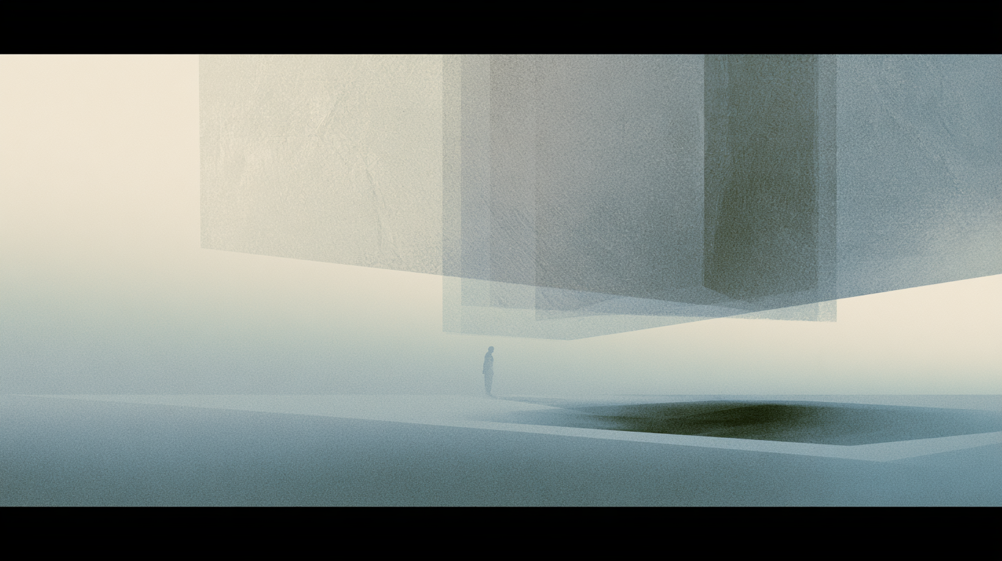 A solitary figure beneath layered architectural structures where visual complexity gradually opens into a clearer and more grounded spatial environment.