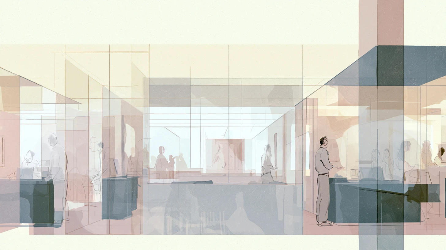 A pale communal interior with translucent partitions, layered rooms, lightly sketched figures, and one standing figure paused near reflective glass.