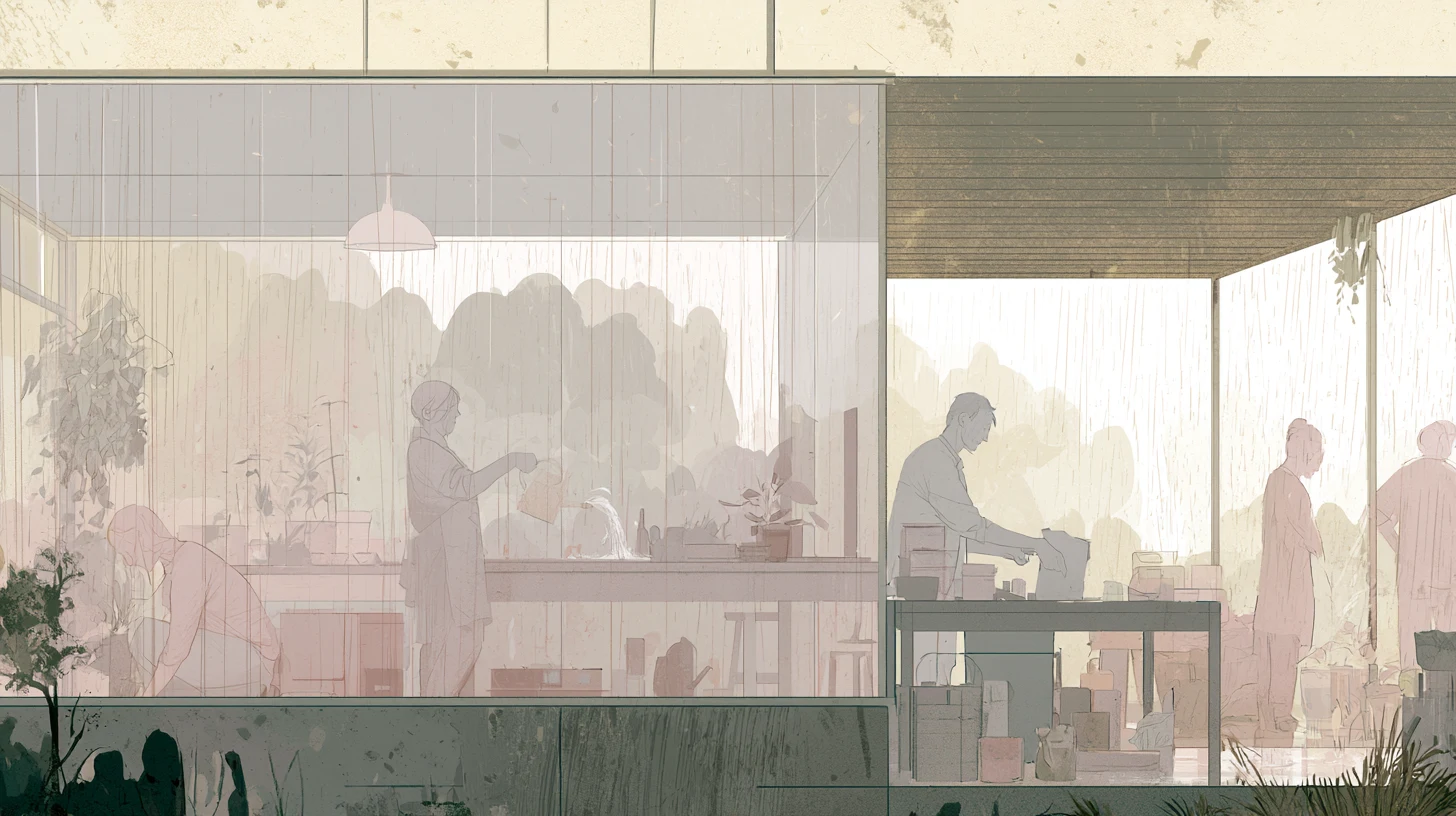 A softly lit communal room with glass partitions, reflected figures, bright windows, and seated people at tables in a muted layered interior.