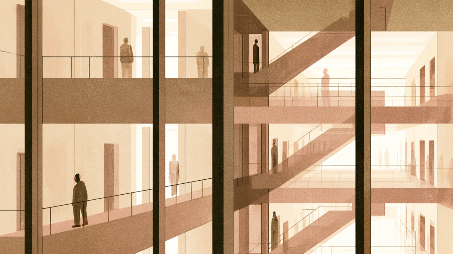 Layered stairwells and elevated corridors filled with distant figures gradually fading into repetitive architectural movement across a quiet institutional interior.