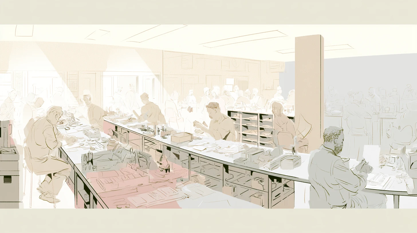 A softly lit communal workroom with scattered papers, folded linens, seated figures, and hazy daylight separating active areas from unattended tasks.