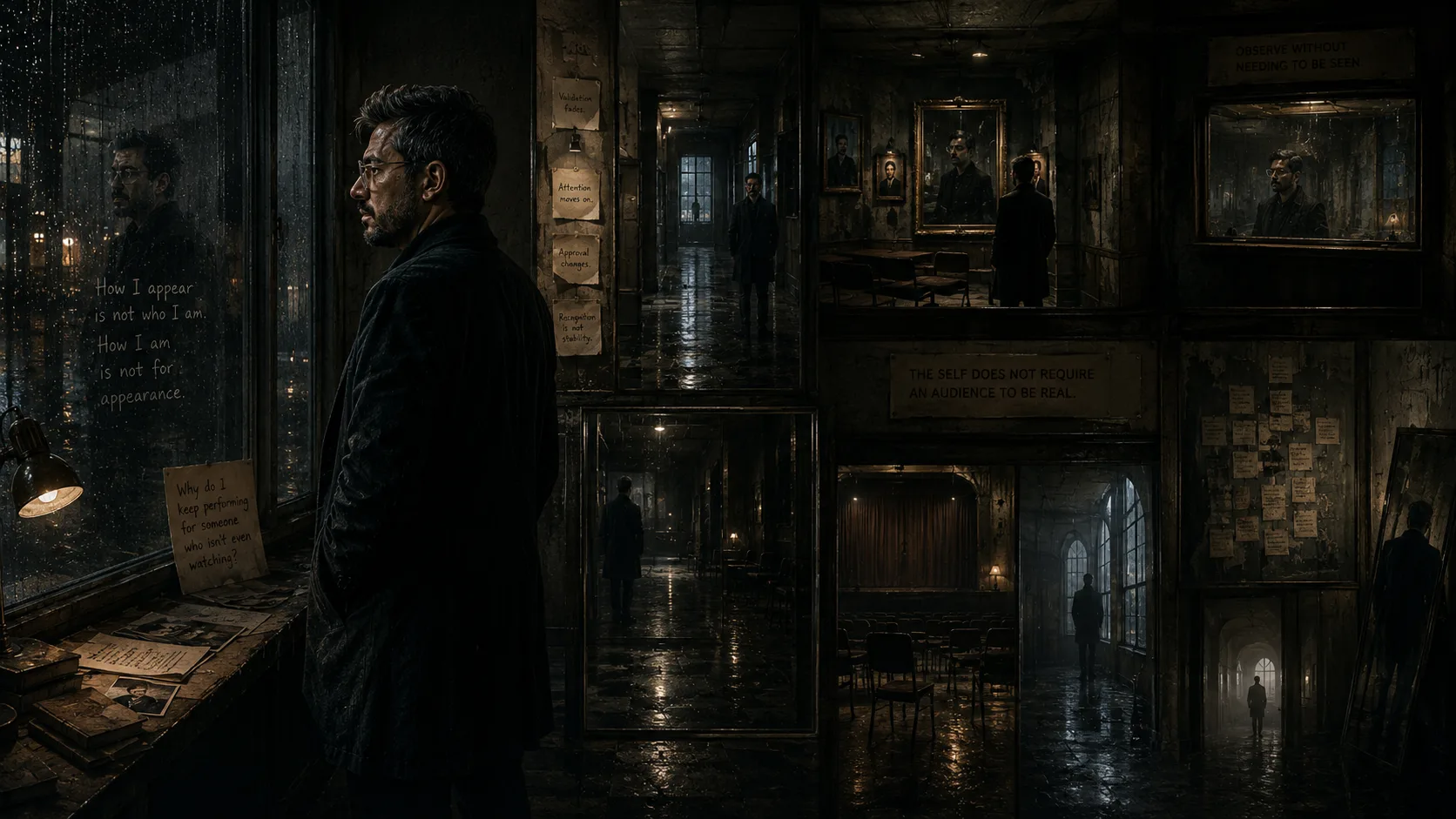 A contemplative man standing within a dim recursive architectural interior filled with fractured reflections, observation spaces, rain-darkened windows, and empty viewing rooms, symbolizing the gradual movement away from dependence on external validation toward grounded internal stability.