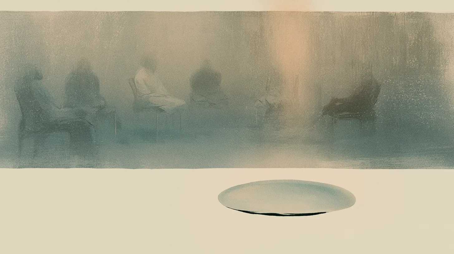 A quiet recovery group seated in a softened communal circle with a calm reflective atmosphere.