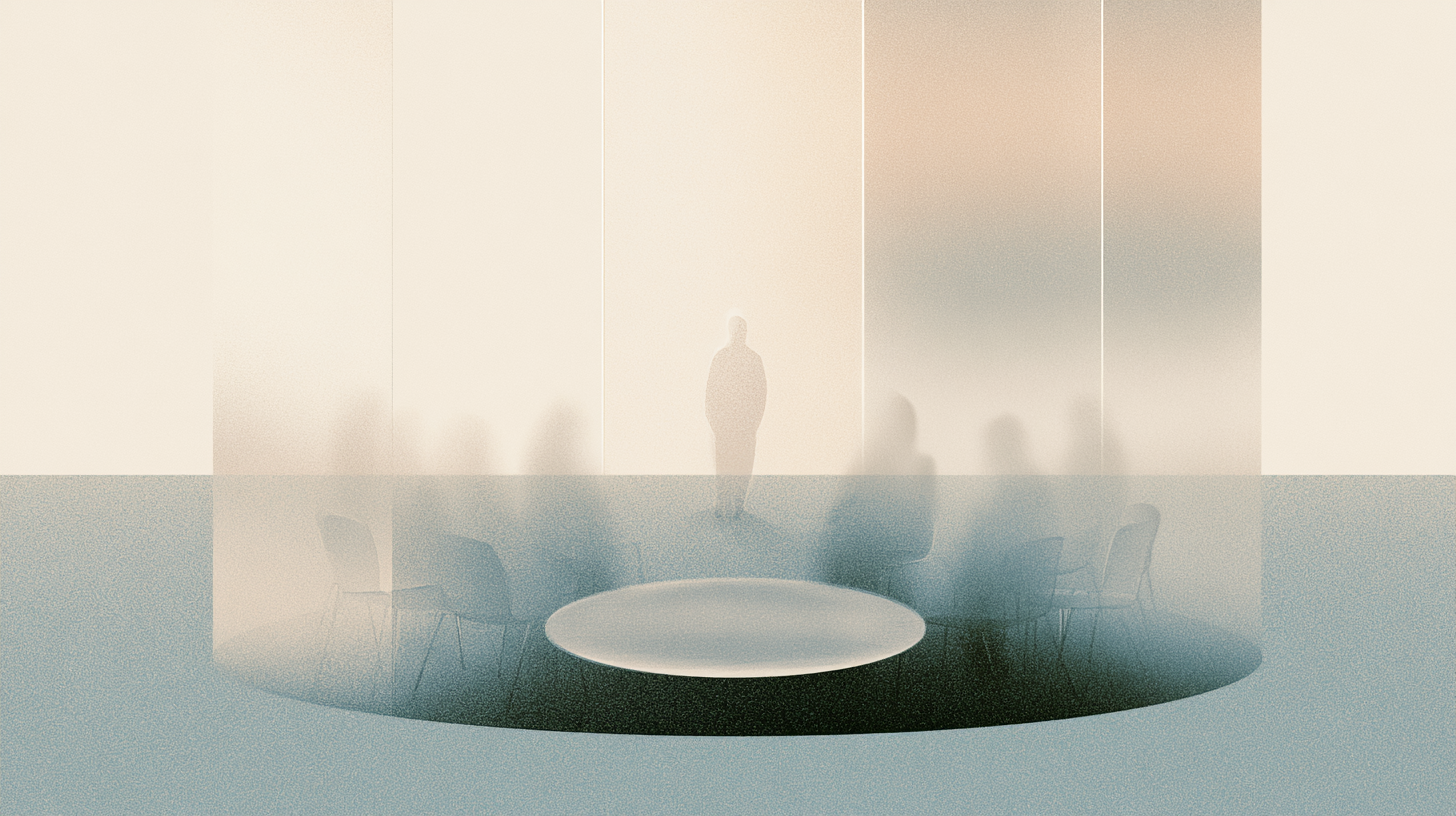 A blurred standing figure pauses within a quiet recovery group gathered in a circular reflective space.