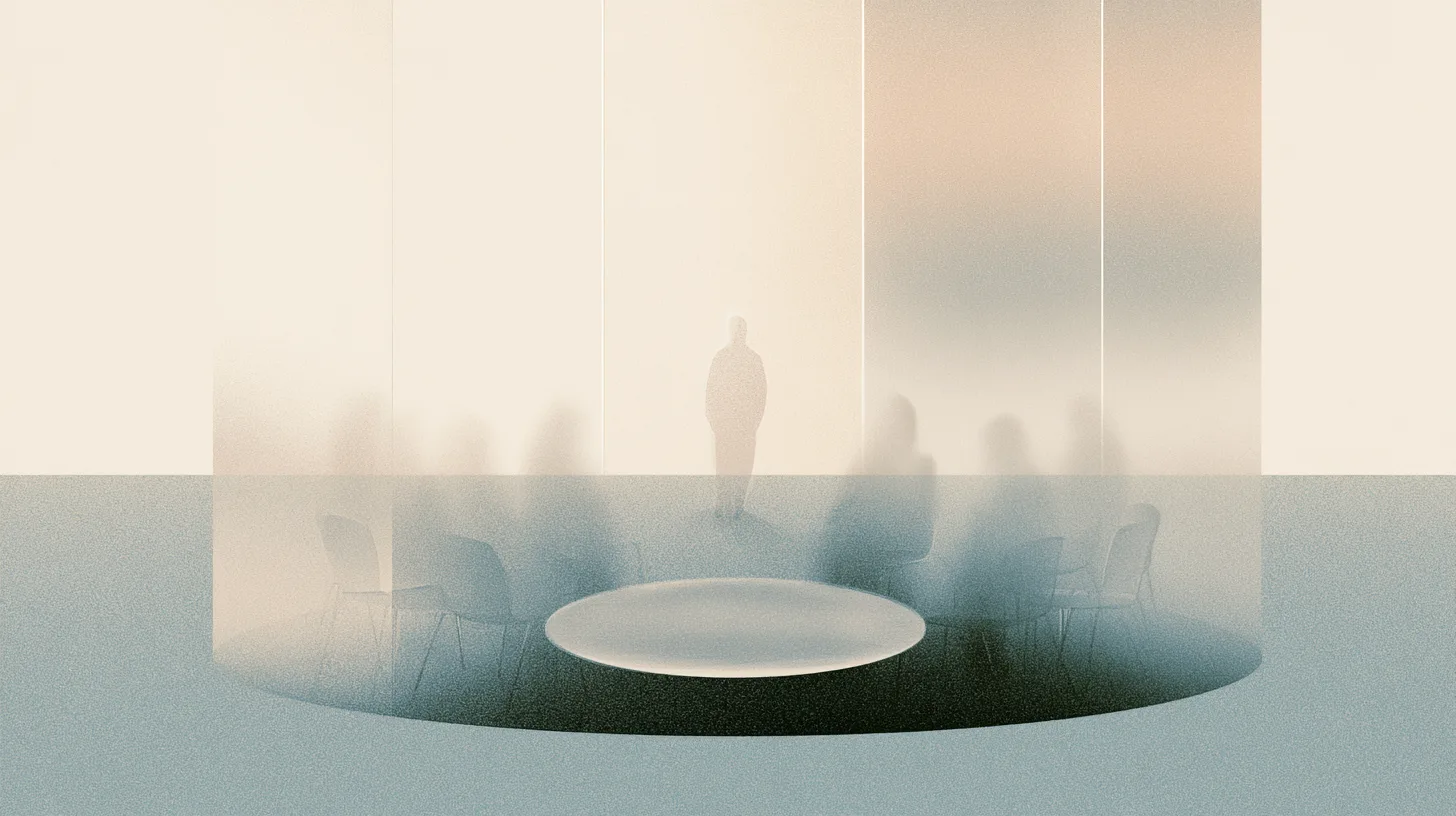 A blurred standing figure pauses within a quiet recovery group gathered in a circular reflective space.