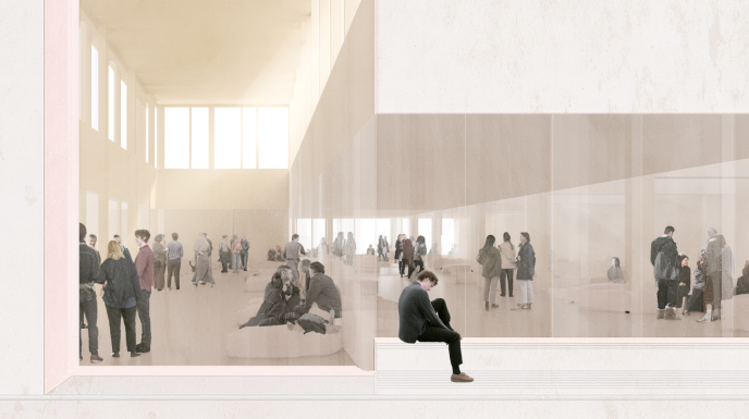 A softly illuminated communal interior where a seated figure remains quietly emotionally activated yet consciously composed at the edge of a shared social environment while groups of people continue participating naturally throughout the surrounding space. Warm daylight moves across pale architectural surfaces, translucent partitions, and open gathering areas, creating an atmosphere of emotional containment, restraint, awareness, and grounded participation rather than suppression or isolation. Muted cream, pale rose, warm beige, faded stone, soft gray, and desaturated earth palette. Matte textures, atmospheric softness, subtle grain, restrained editorial realism, emotionally grounded stillness, minimal composition.