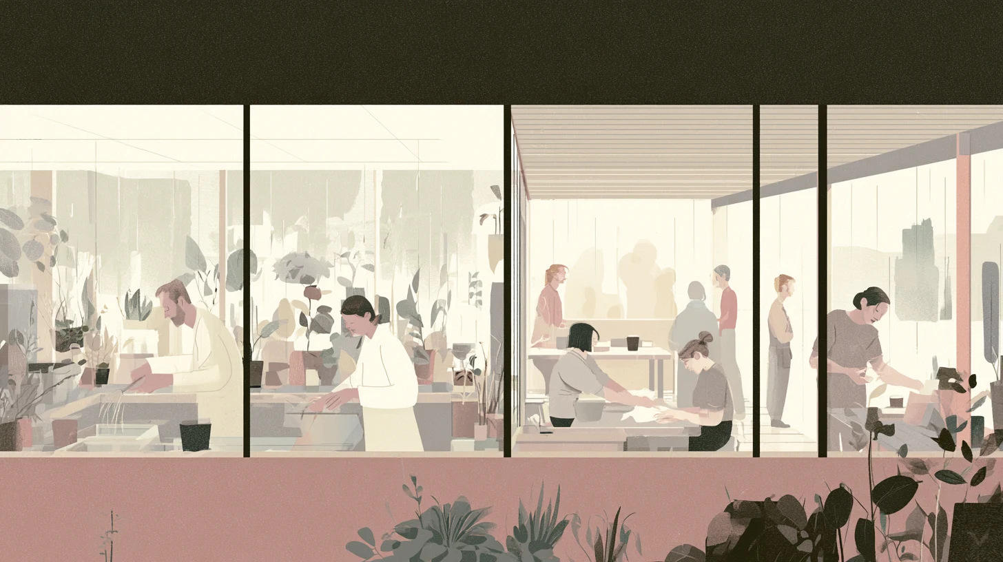 A softly lit communal room with scattered chairs, seated figures, a person writing at a side table, and others moving through adjoining spaces.