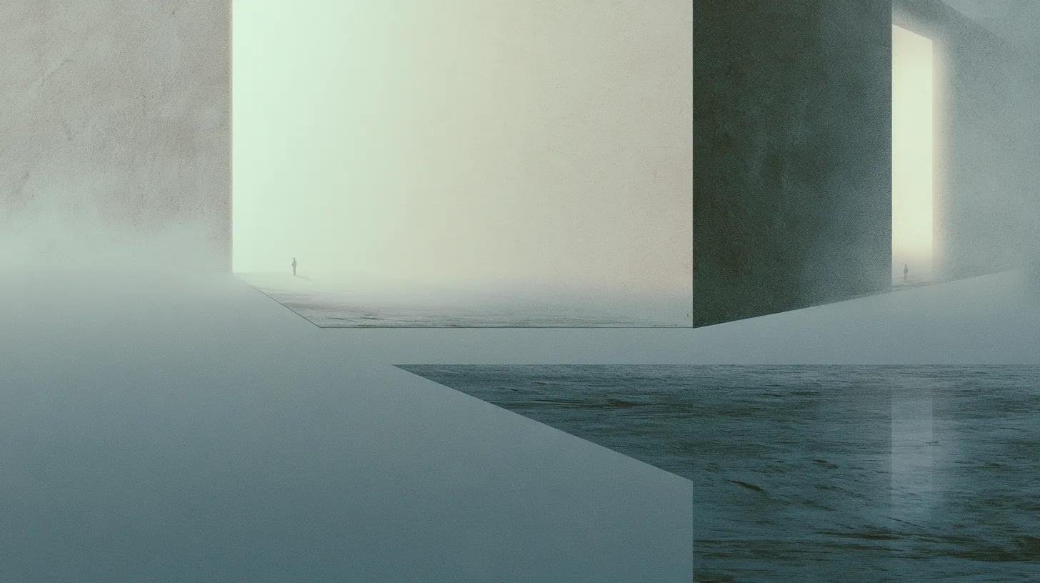 Tiny solitary figures within monumental architectural spaces where corridors and structures gradually emerge through fog.
