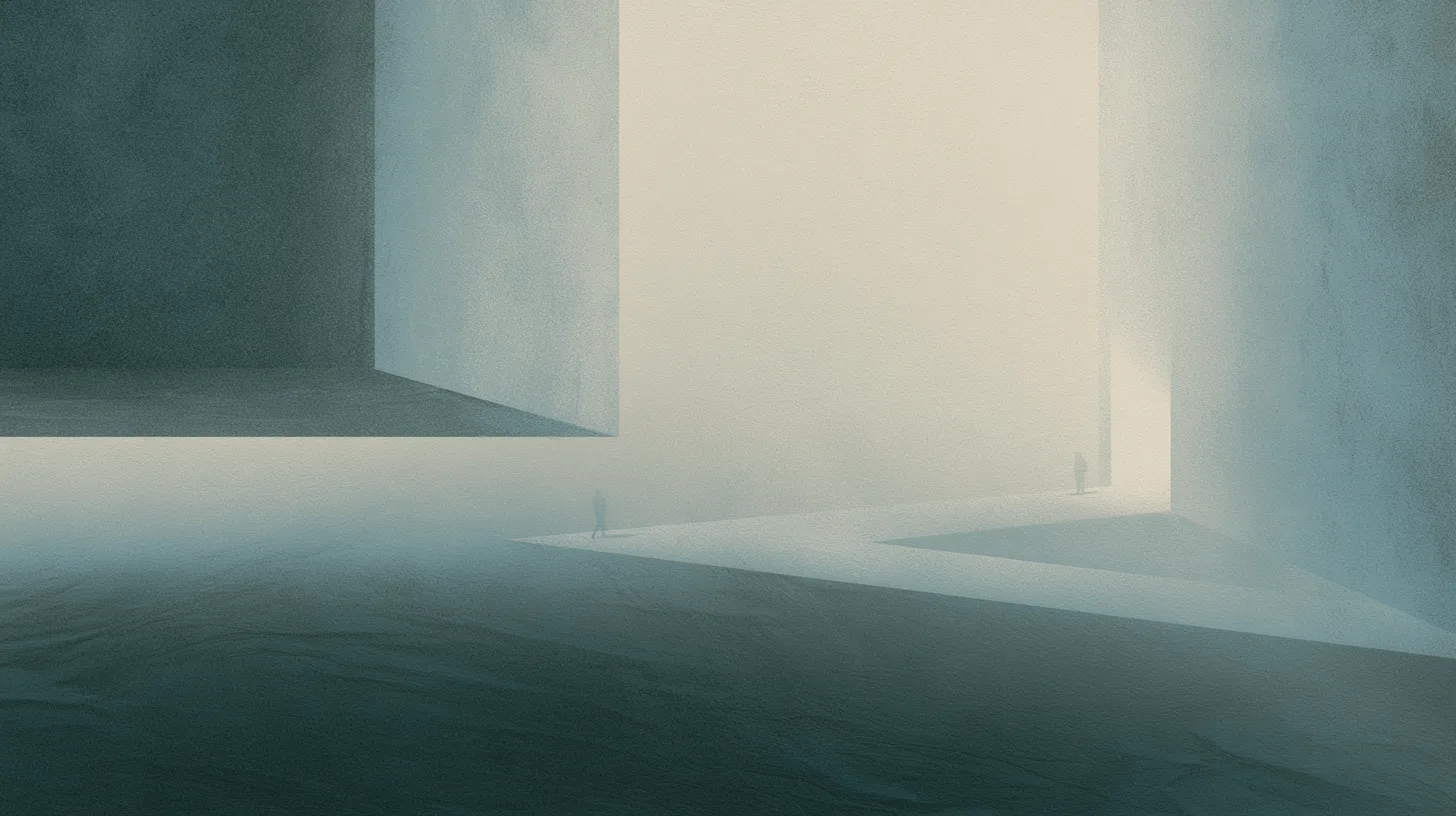 Tiny solitary figures within monumental architectural recovery spaces where pathways and sightlines gradually emerge through fog.