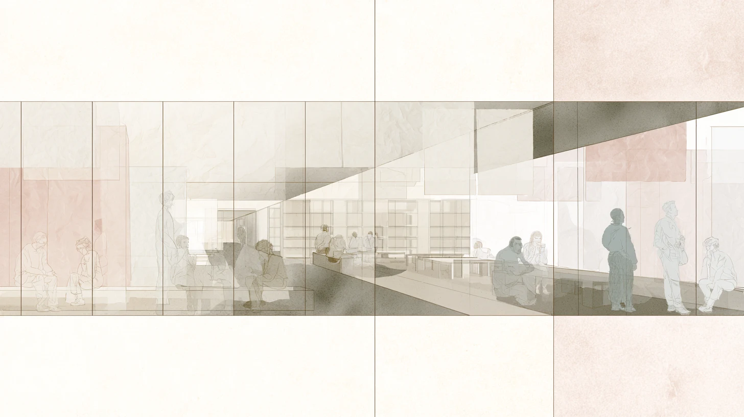 A wide communal interior with translucent wall panels, seated and standing figures, low tables, and soft daylight cutting through layered architectural space.