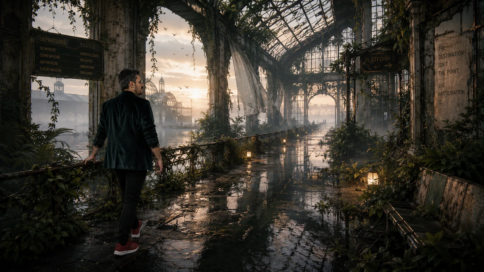 A solitary man walks through a vast flooded greenhouse-transit structure reclaimed by rain, moss, and overgrowth, surrounded by broken glass ceilings, reflective water, dim pathway lamps, drifting fog, and distant disappearing walkways at dawn, embodying hope, openness, and movement through uncertainty.