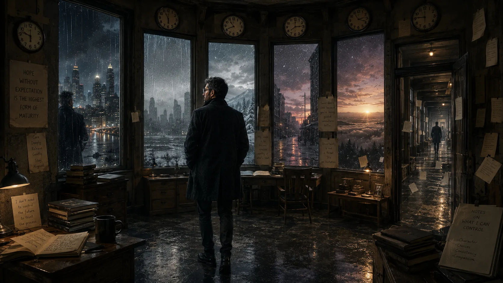 A solitary man stands within a vast surreal architectural observatory of rain-streaked windows, recursive corridors, and unresolved futures, holding hope while learning not to emotionally depend on certainty.