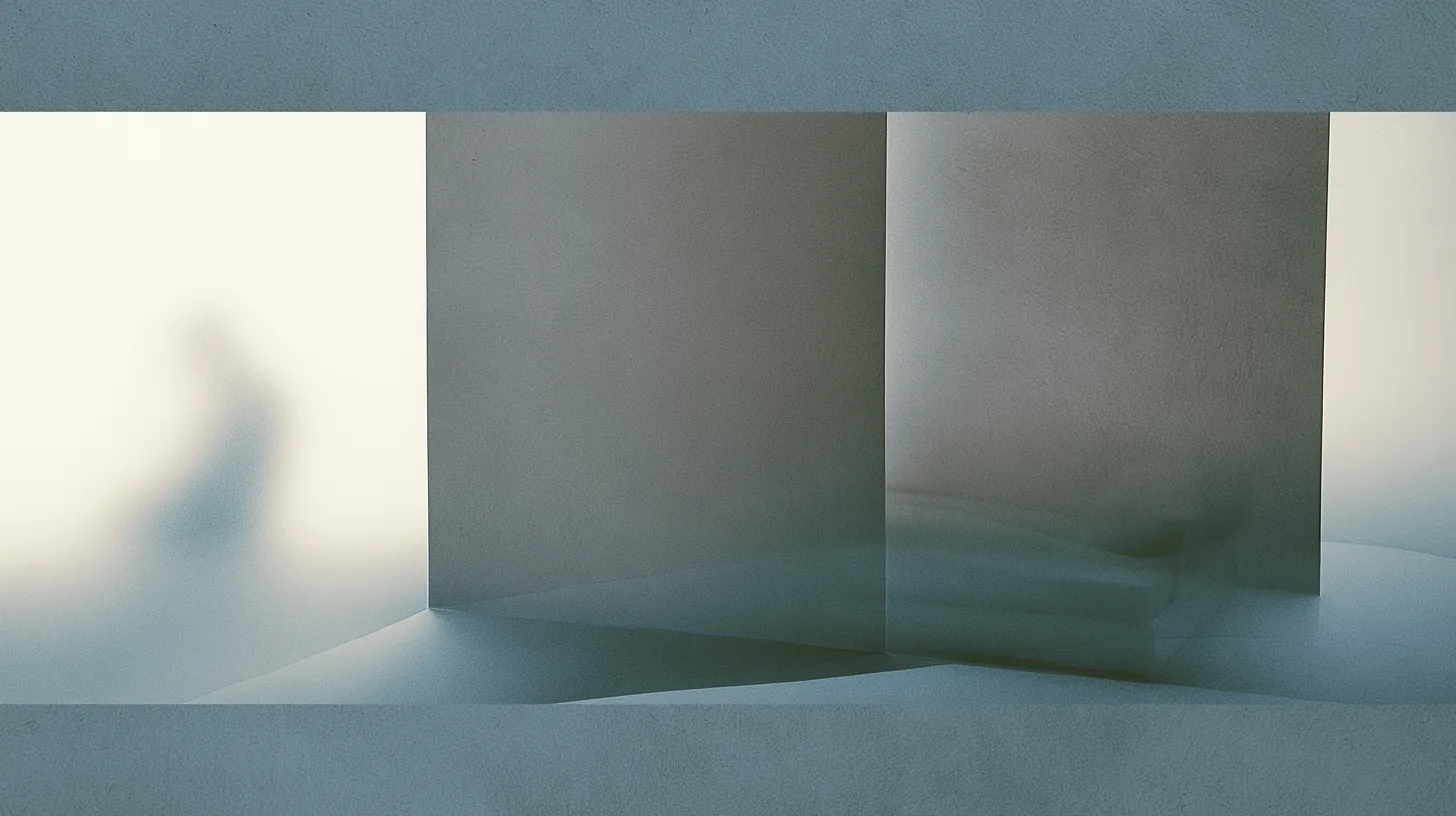 A blurred solitary figure partially concealed behind layered interior partitions within a quiet institutional space.