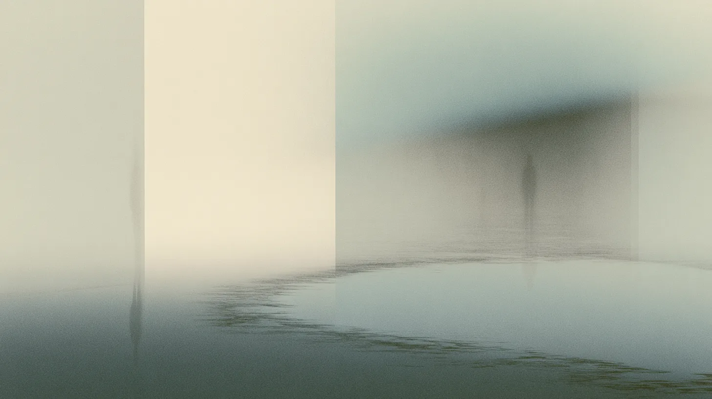 A partially obscured solitary figure standing near a reflective curved pathway within a quiet architectural recovery environment.